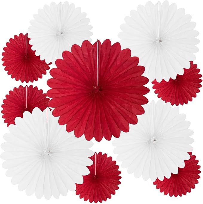 20 Pcs Red White Hanging Paper Fan, Round Paper Fans Decorations Set by Tisspoms