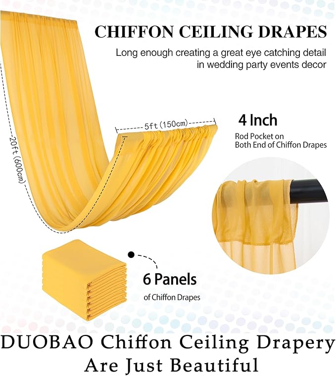 DUOBAO Chiffon Ceiling Drapes 20FT 6 Panels Gold Sheer Wedding Backdrop Curtains - Image 6