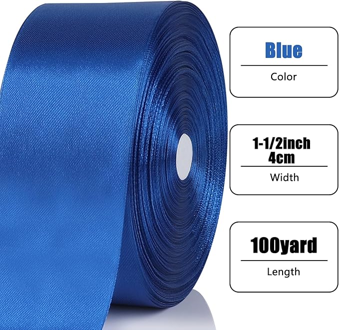 NESCCI 100 Yards Ribbon, 1-1/2 Inch Royal Blue Satin Ribbon, Single Face Satin - Image 2