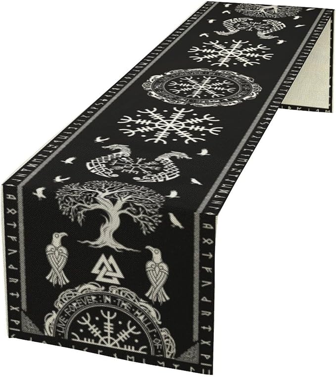 Ancient Abstract Pattern Table Runner, Tree of Life Eagle Dragon Boat Rudder by ShiTingYu