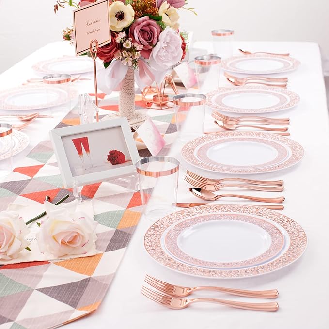 WELLIFE 175 Pieces Rose Gold Plastic Dinnerware, Rose Gold Dinnerware Set - Image 6