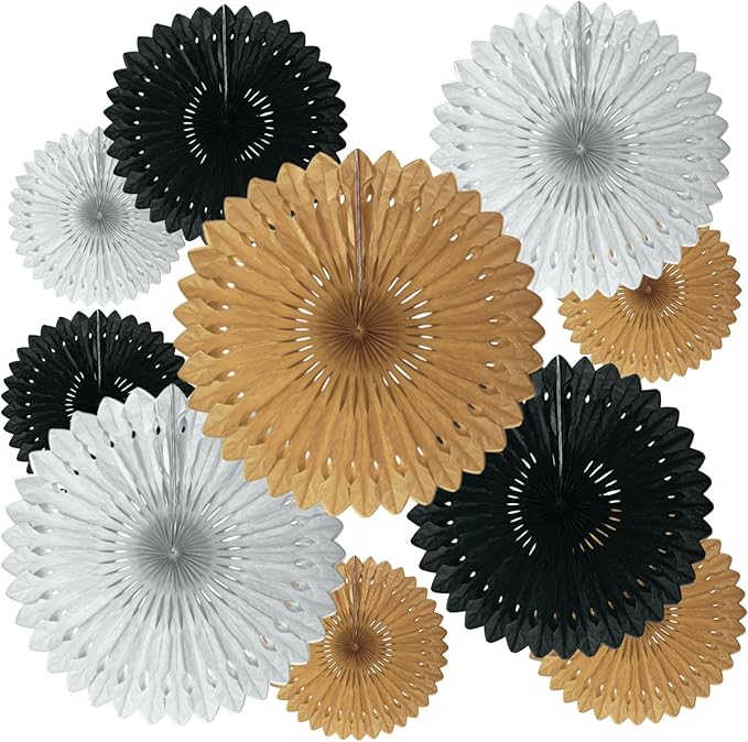 18 Pcs Black Gary Khaki Hanging Honeycomb Paper Fans, Round Paper Fan by Tisspoms