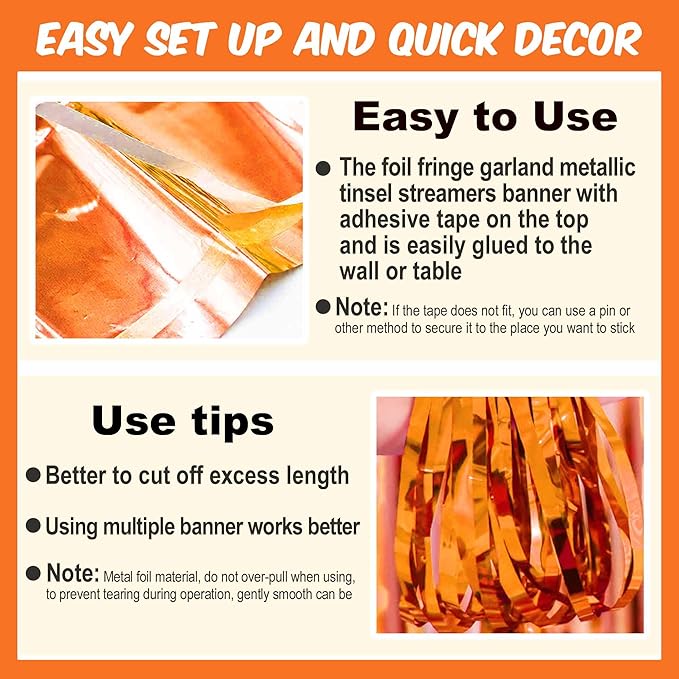 4 Pack 10 Ft Orange Foil Fringe Garland Metallic Streamers Tinsel Banner Wall - Image 3