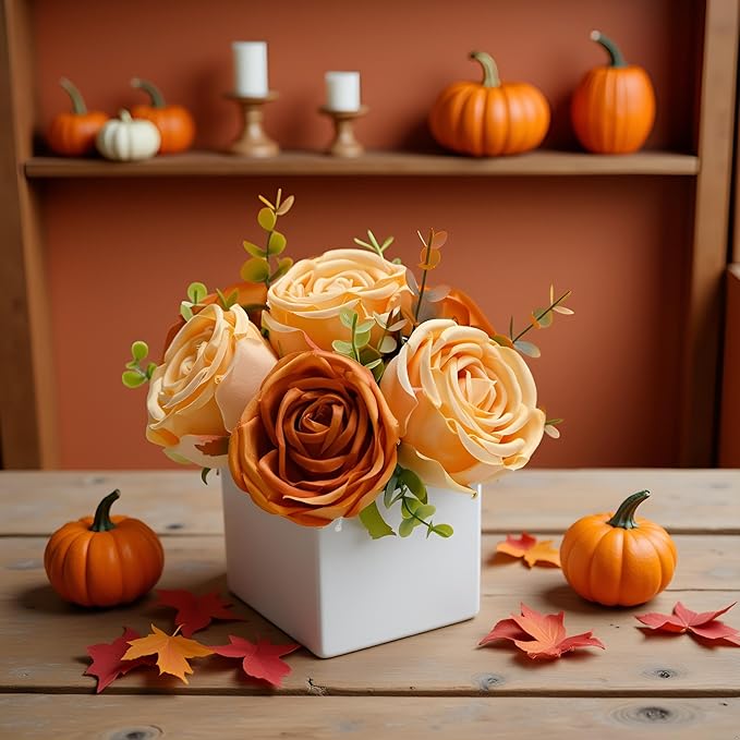 LADADA Artificial Roses in White Ceramic Vase, Faux Floral Arrangement - Image 2