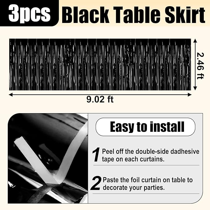 3 Pack 29x108 Inch Black Foil Fringe Table Skirts Metallic Banner - Image 2