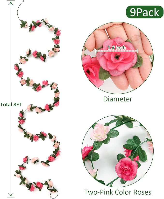 KHOYIME 9 Pack 72 FT Artificial Flower Garland, Fake Pink Roses Vines Silk - Image 3