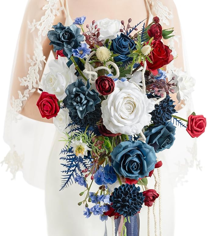 Ling's Moment Navy Blue Red Bridal Bouquet by LingsMoment