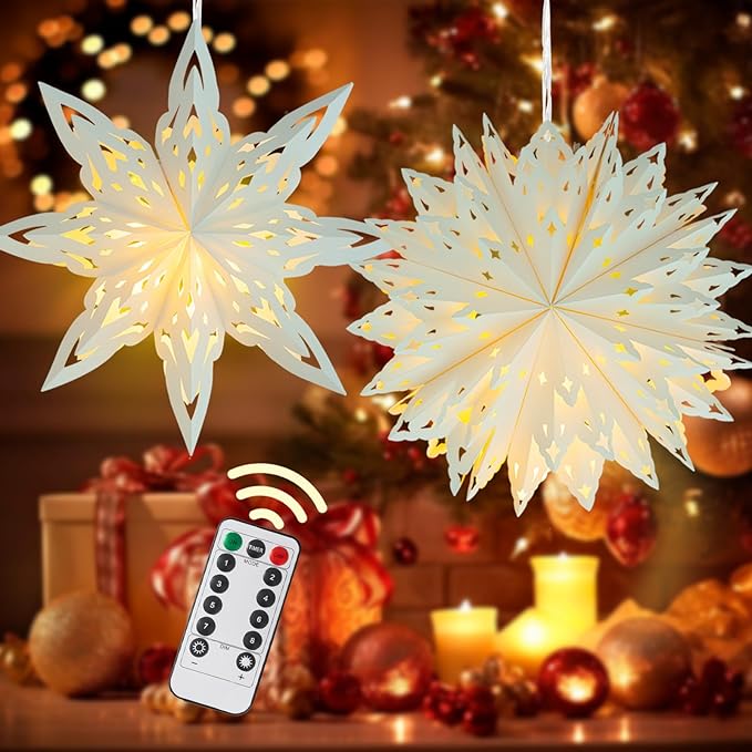 Christmas Paper Snowflake Lanterns, 2 Pack Christmas Paper Star Lantern by OuMuaMua