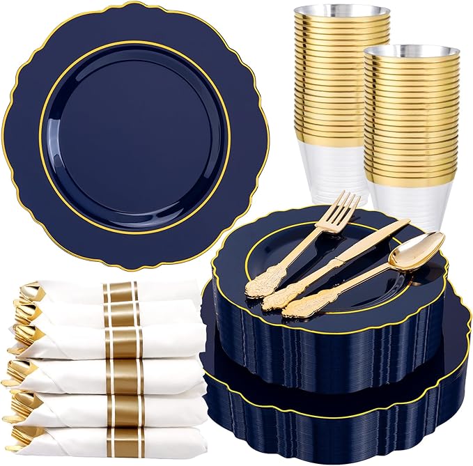Liacere 350PCS Navy Blue Plastic Plates-Disposable Blue Gold Plates 50guest by Liacere