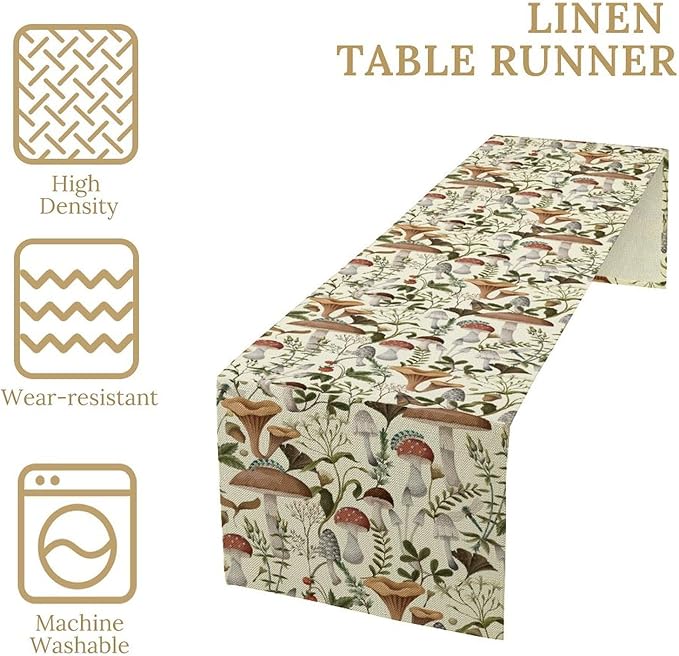 Mushroom Table Runner, Vintage Forest Flower Plant Print Table Runner - Image 4