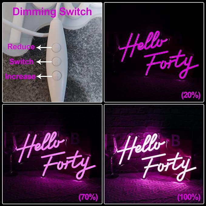 Hello Forty Neon Sign 40th Birthday Dimmable Neon Sign Pink Letters Neon Lights - Image 5
