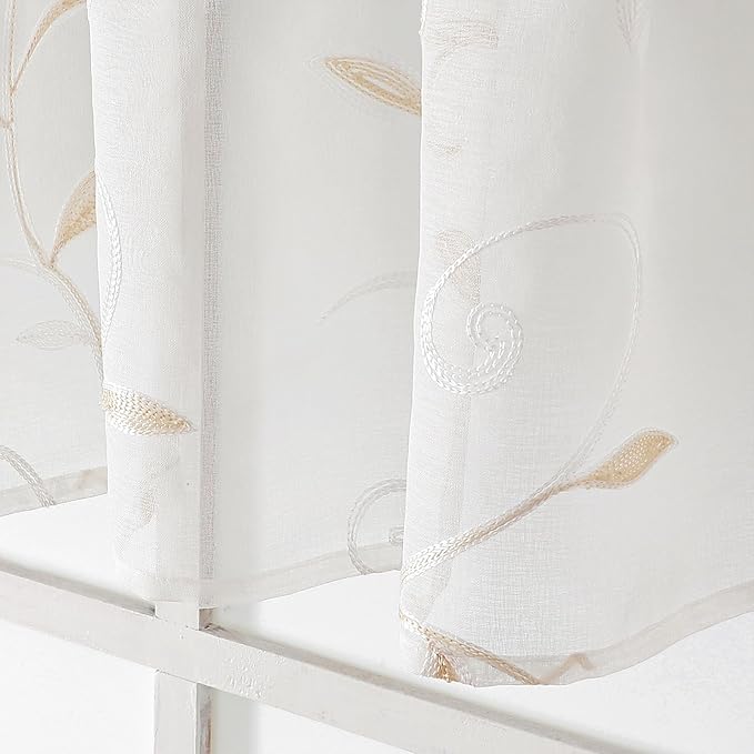 VISIONTEX Sheer Voile Curtain Valances, Decorative Leaves Embroidered, Rod - Image 4
