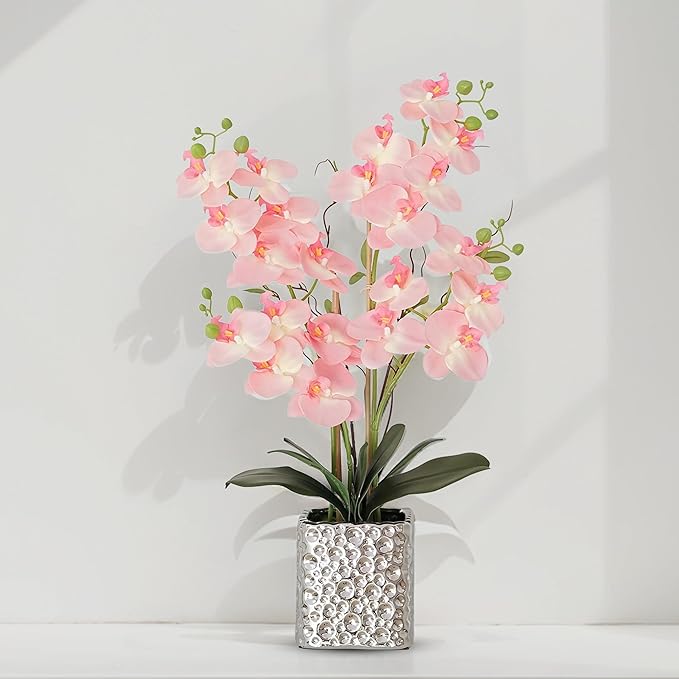 Orchid Artificial Flowers with Sliver Vase Large Silk Faux Phalaenopsis Flowers - Image 2