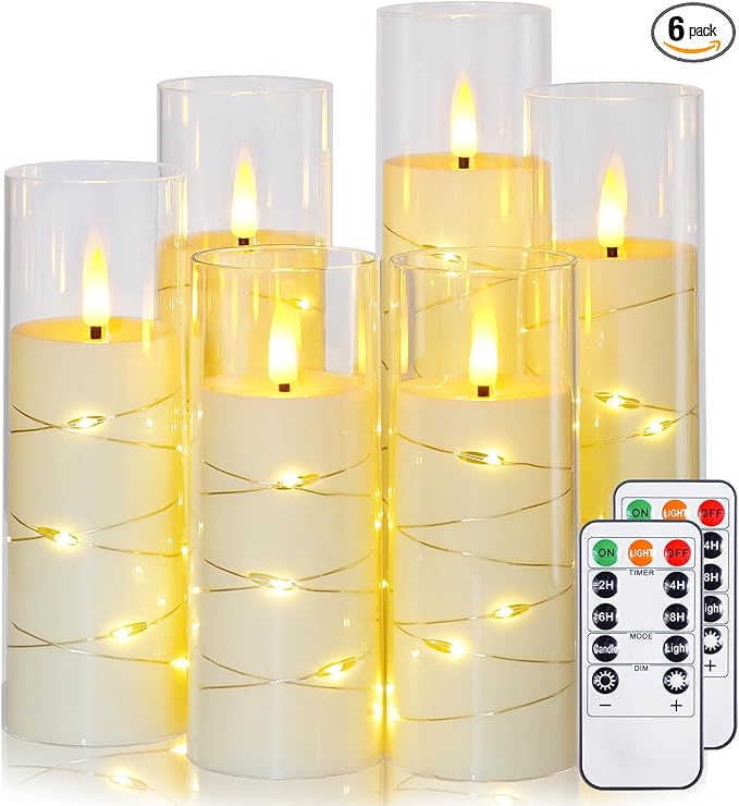 Ivory Flameless Candles with Remote and String Light, 2.2"x 5" by Yeelida