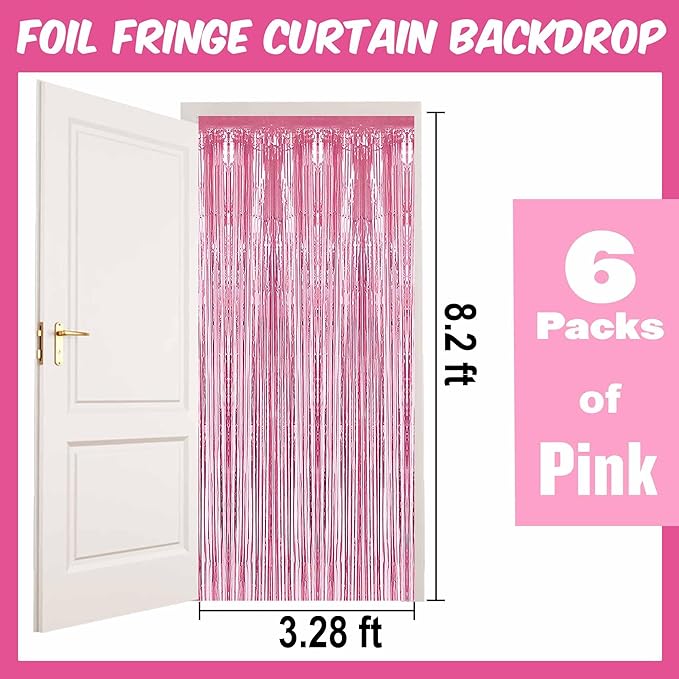 6 Pack Pink Foil Fringe Curtains Backdrop, 3.28 x 8.2 Ft Metallic Streamers - Image 2