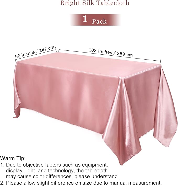TURSTIN 1 Pack Rose Gold Satin Tablecloth 102 x 58 Inch Overlay Satin Table - Image 2
