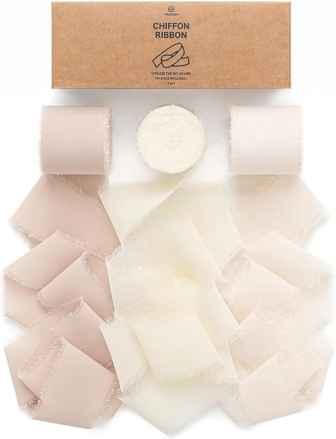 Vitalizart White Handmade Chiffon Silk Ribbon Fringe 1.5" x 21 Yd Nude & Ivory by Vitalizart
