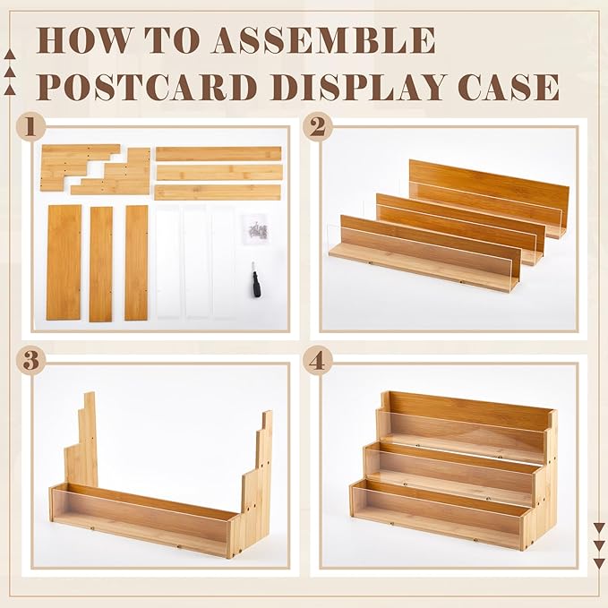 3 Tier Greeting Card Display Stand Wood Color Bamboo and Acrylic Sticker - Image 2