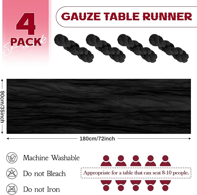 Aktor 4 Pack Black Table Runner Boho Cheesecloth Table Runner Semi Sheer Gauze - Image 2