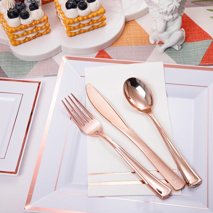 Festiva 350Pcs Rose Gold Plates and Napkins Party Supplies-Square White and - Image 3