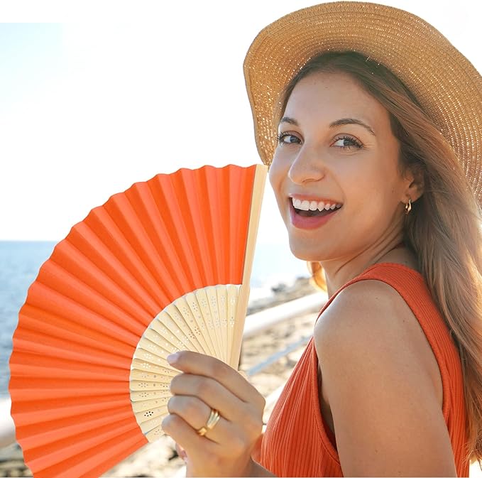12 Pieces Orange Hand Held Bamboo Folding Fans Paper Fans Handheld - Image 7