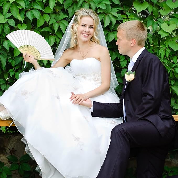 MCEAST 120 Pieces Wedding Handheld Paper Fans White Bamboo Folding Paper Fan - Image 7