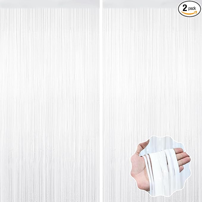 2 Pack White Tinsel Curtain Party Backdrop Decorations, Metallic Foil Fringe by forlvwoon