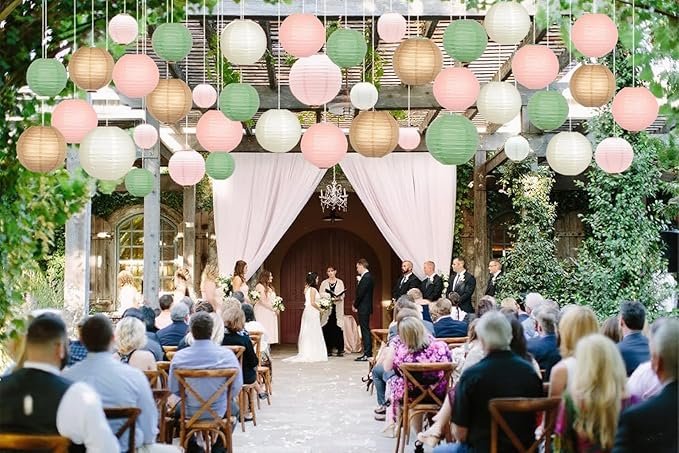 Sage Green Pink Paper Lanterns Decorative 12pcs Wedding Hanging Decorations - Image 9