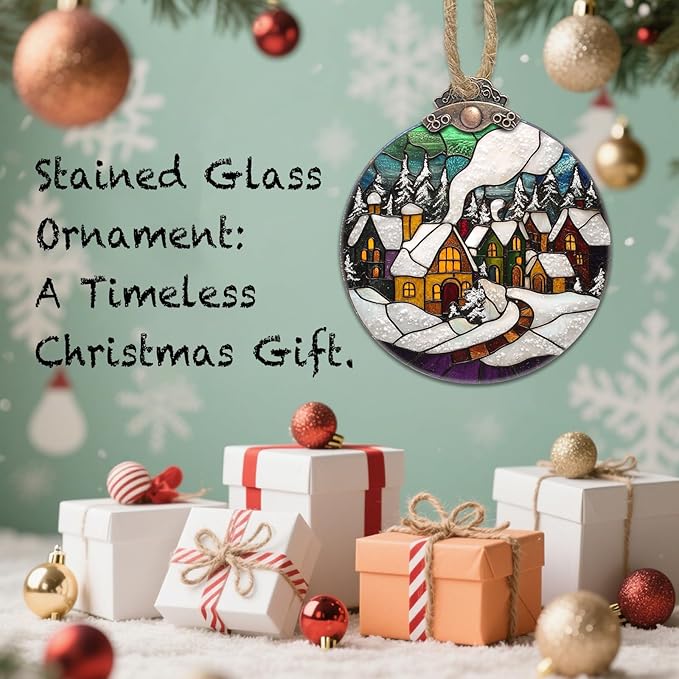 Stained Glass Christmas Decorations, Winter Snow Cabin Suncatcher - Image 7