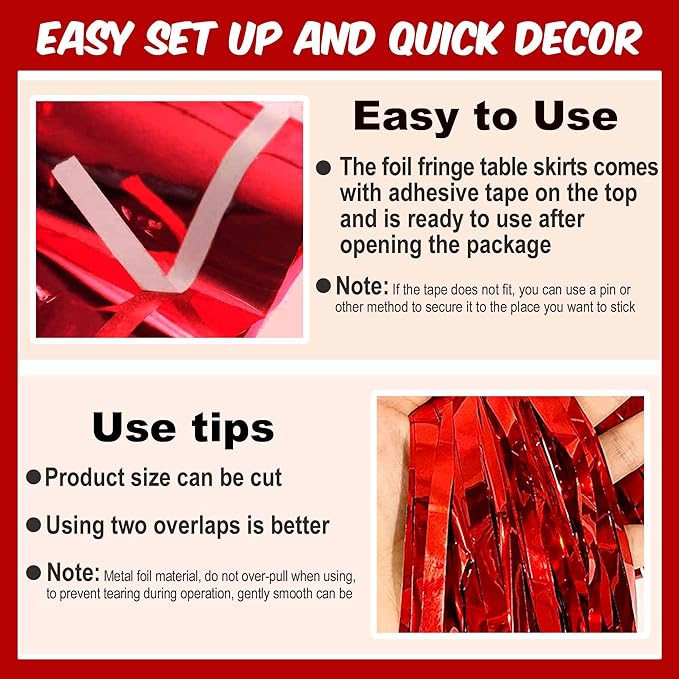 3 Pack 29 x108 Inch Red Foil Fringe Table Skirts Metallic Banner - Image 2