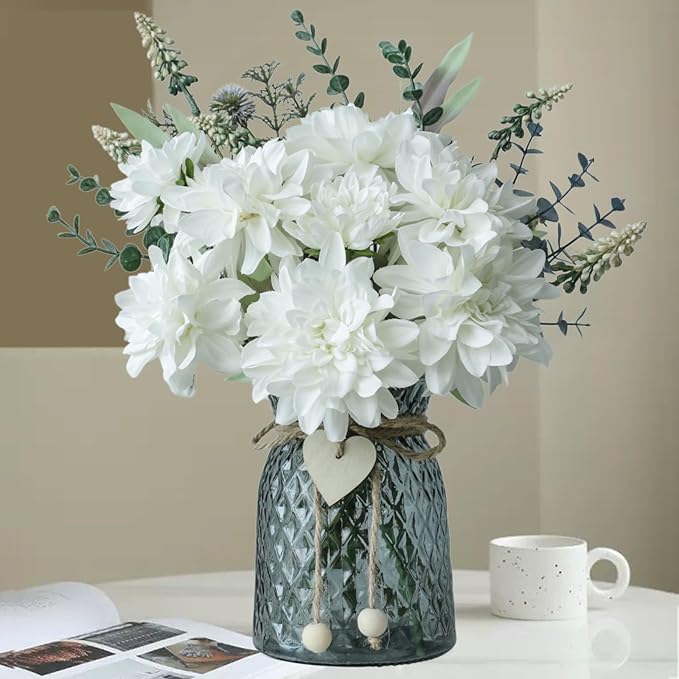 Fake Flowers in Vase, 8 Dahlias, Silk Artificial Flowers in Vase, Centerpiece by SHINFHOMF