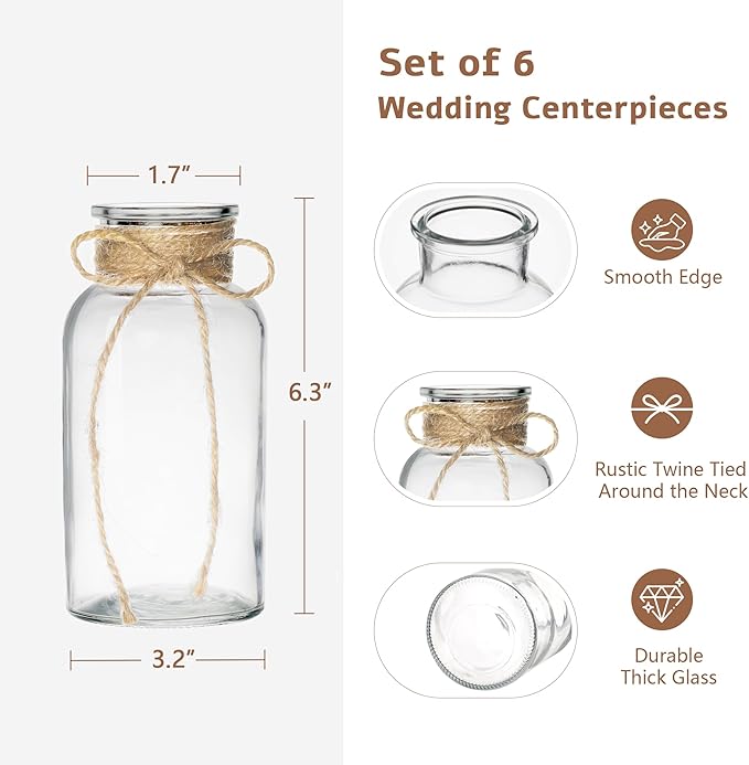 Set of 6 Vintage Glass Vases for Flowers Farmhouse Clear Glass Vases for - Image 5
