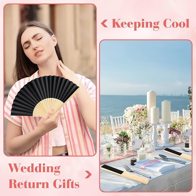 48 Pieces Black Hand Held Bamboo Folding Fans Paper Fans Handheld - Image 5