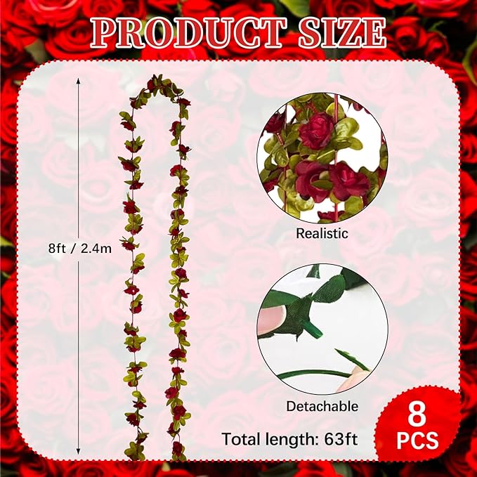 8Pcs 63Ft Burgundy Rose Garland, Fake Rose Hanging Flowers, Artificial Flower - Image 2