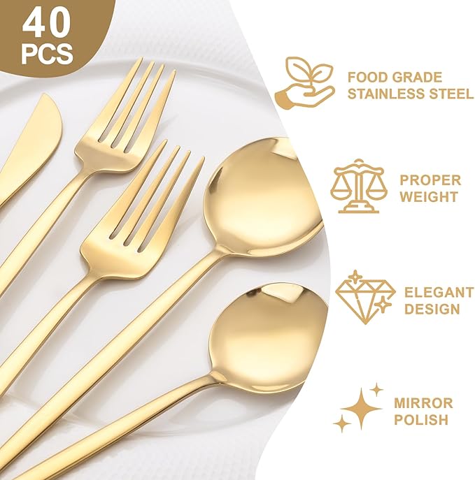 NOCCUR 40-Piece Gold Silverware Set - Image 3