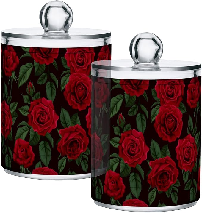 Gredecor Qtip Holder Dispenser 4 Pack Red Rose Flowers Leaves Apothecary Jars - Image 2
