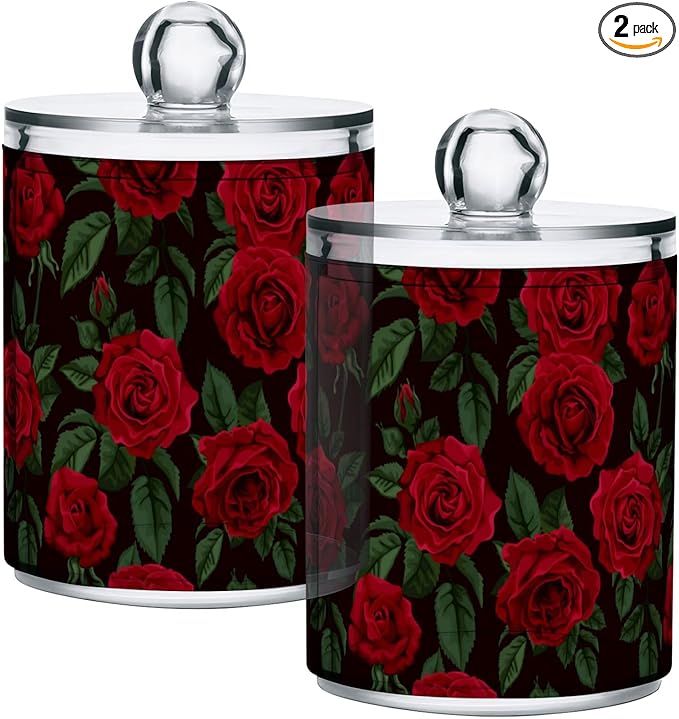 Gredecor Qtip Holder Dispenser 2 Pack Red Rose Flowers Leaves Bathroom by Gredecor