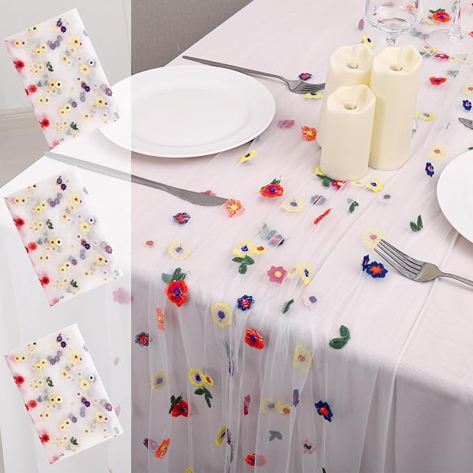 3PCS Lvory Floral Table Runner 10 FT, Embroidery Daisy Table Runners Seasonal by Hugestar