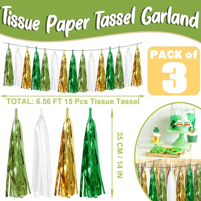 3P Sage-Green Beige-Mint Gold Foil Fringe Metallic Tassel Garland Banner - Image 2