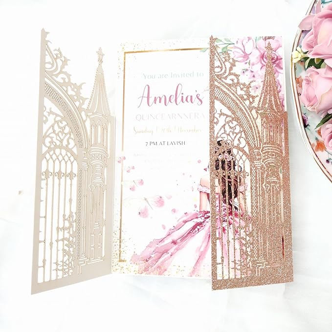 20PCS Laser Cut Wedding Invitations, Wedding Invitation Card Pocket, Quince - Image 4