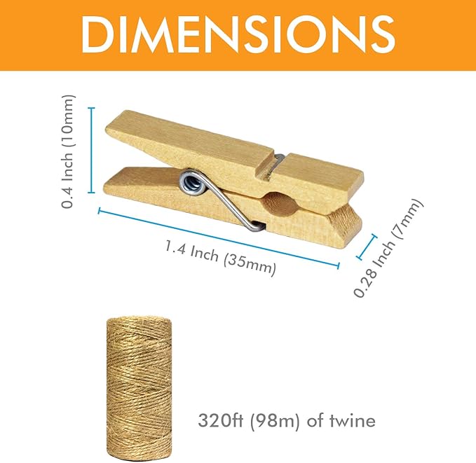 Mini Wooden Clothespins With Jute Twine, 1.4 Inch Photo Paper Peg Pin Craft - Image 3