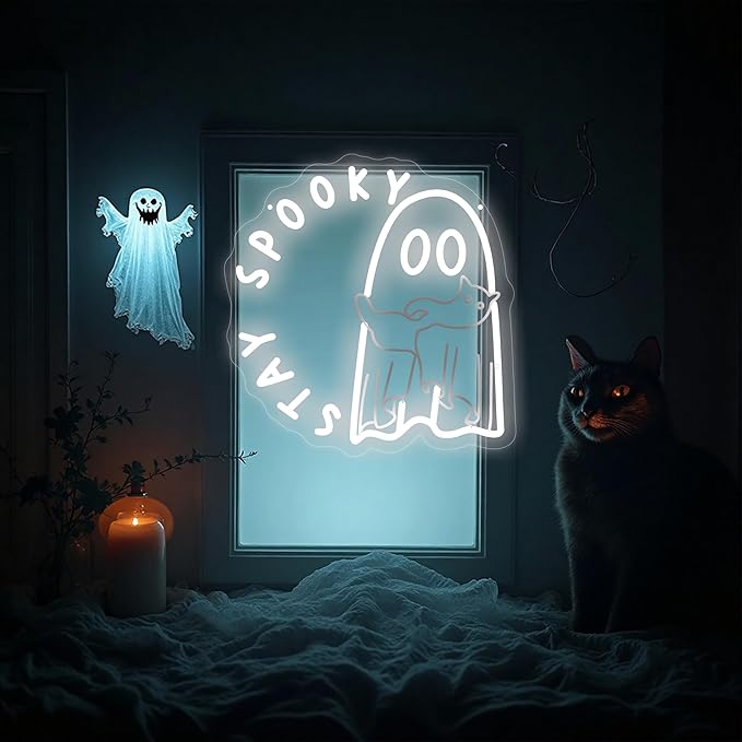 Ghost holding a cat Stay Spooky Neon Sign, Funny Halloween Party Wall Decor - Image 5