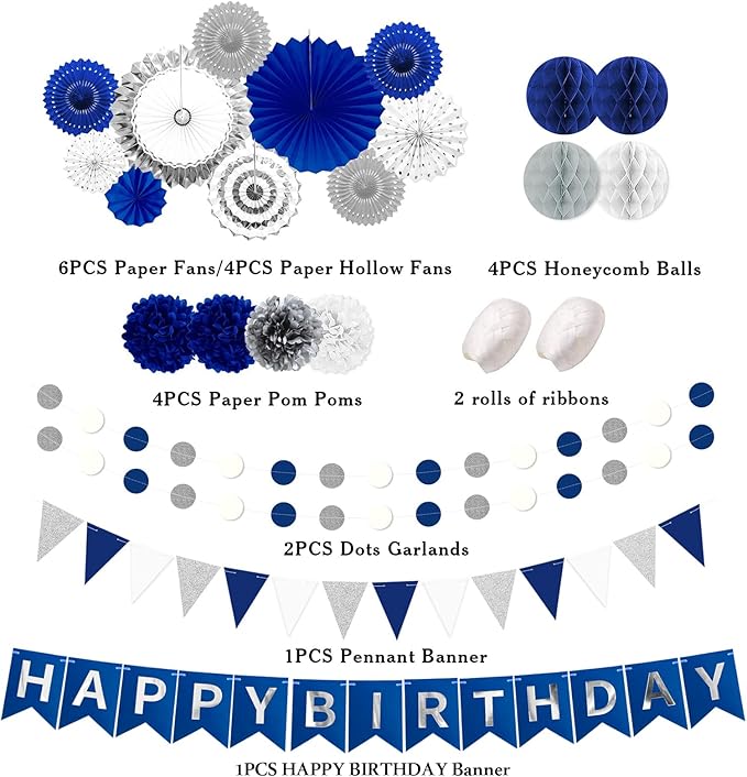 Navy Blue and Silver Happy Birthday Party Decoration 24Pcs Hanging Paper Fans - Image 2
