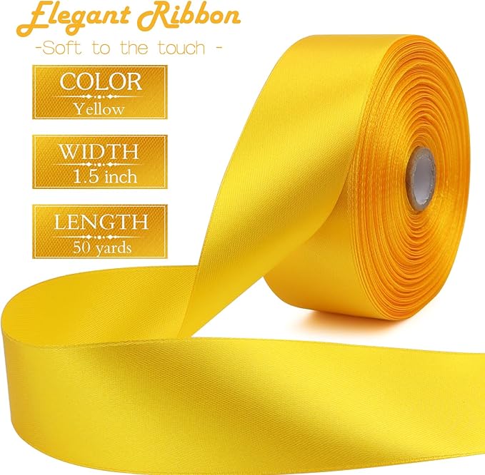 Yellow Solid Satin Ribbon 1-1/2 Inch 50 Yards Solid Polyester Fabric Ribbon - Image 2