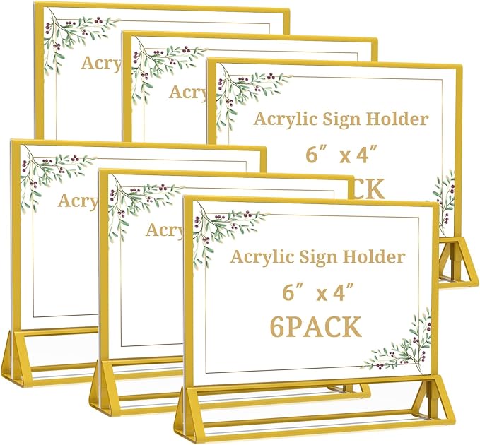 Clear Acrylic Sign Holder 6x 4 Horizontal Double Sided Gold Frame Display Stand by PPH-SisyPurchaseNow