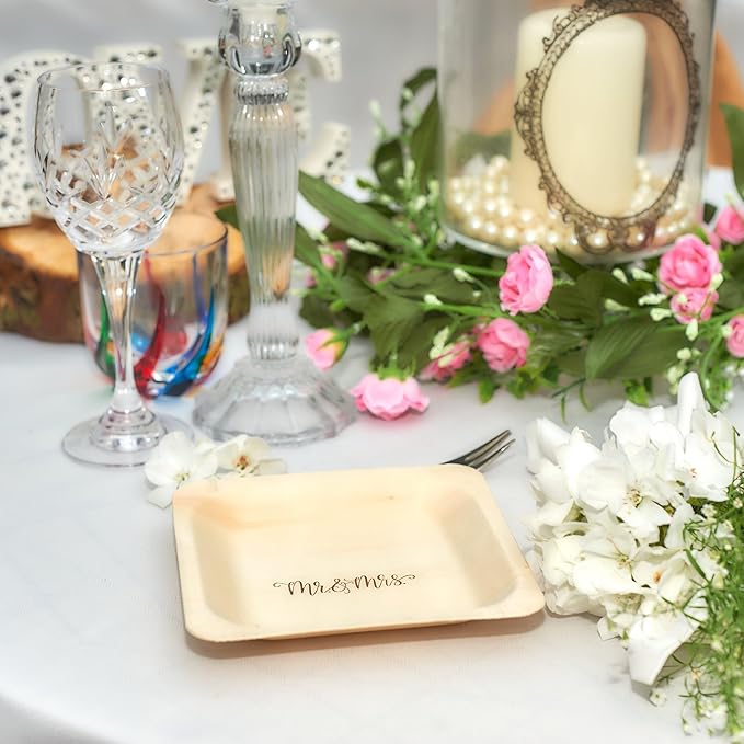 Mrs. and Mrs. Disposable Wedding Plates – Rustic, Compostable Alternative to - Image 8