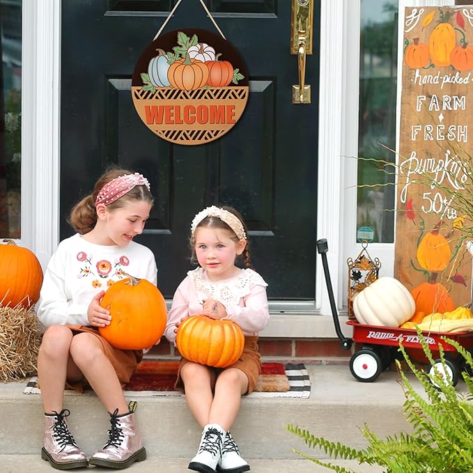 CHDITB Fall Pumpkin Welcome Front Door Sign Wreath, Wooden 3D Hello Fall Autumn - Image 4