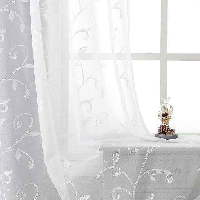 VISIONTEX White Sheer Voile Curtains, Decorative White Embroidery Faux Linen by VISIONTEX