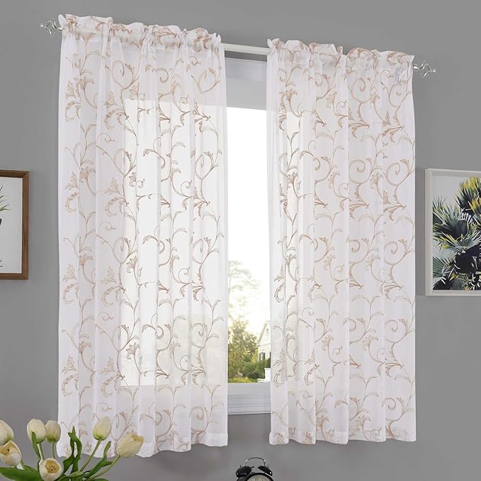 Sheer Curtains White-Beige 45 Inch Length Floral Embroidery Vintage Rod Pocket - Image 2