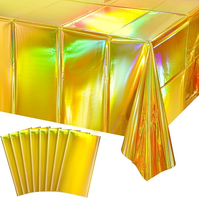 8 Pack Gold Iridescent Plastic Tablecloths Shiny Disposable Laser Rectangle by EnjoyYourFunnyParties